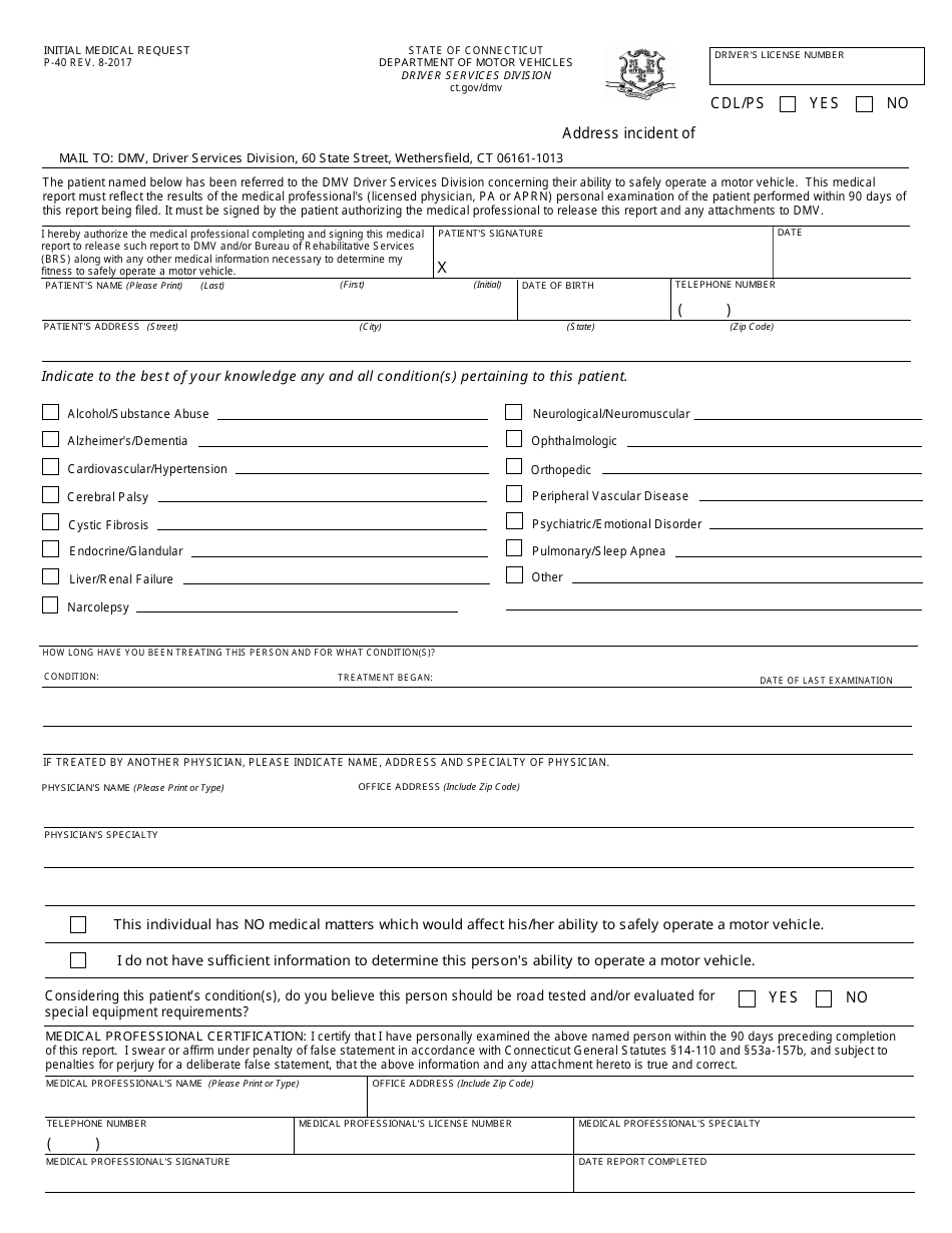 Form P-40 Initial Medical Request - Connecticut, Page 1