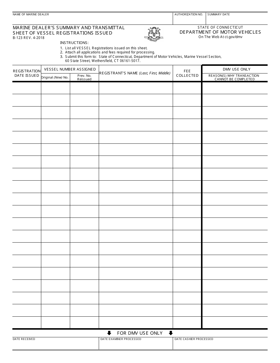 Form B-123 Marine Dealers Summary and Transmittal Sheet of Vessel Registrations Issued - Connecticut, Page 1