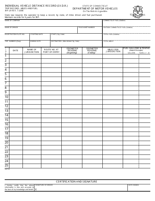 Form IRP-29 Individual Vehicle Distance Record (I.v.d.r.) - Connecticut