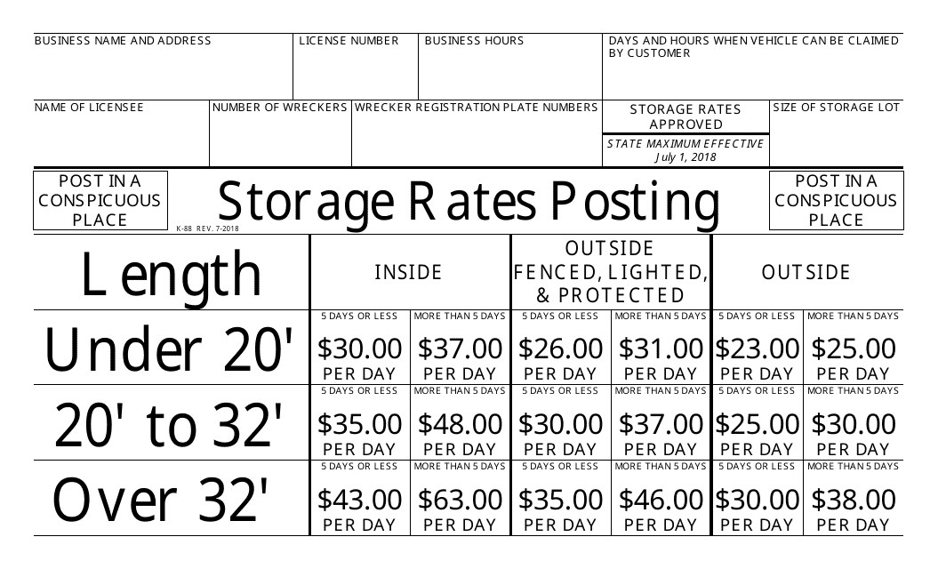 Form K-88 Motor Vehicles Storage Rates Posting for Dealers and Repairers - Connecticut