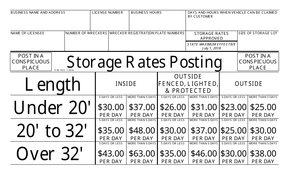 Form K-88 Motor Vehicles Storage Rates Posting for Dealers and Repairers - Connecticut, Page 1