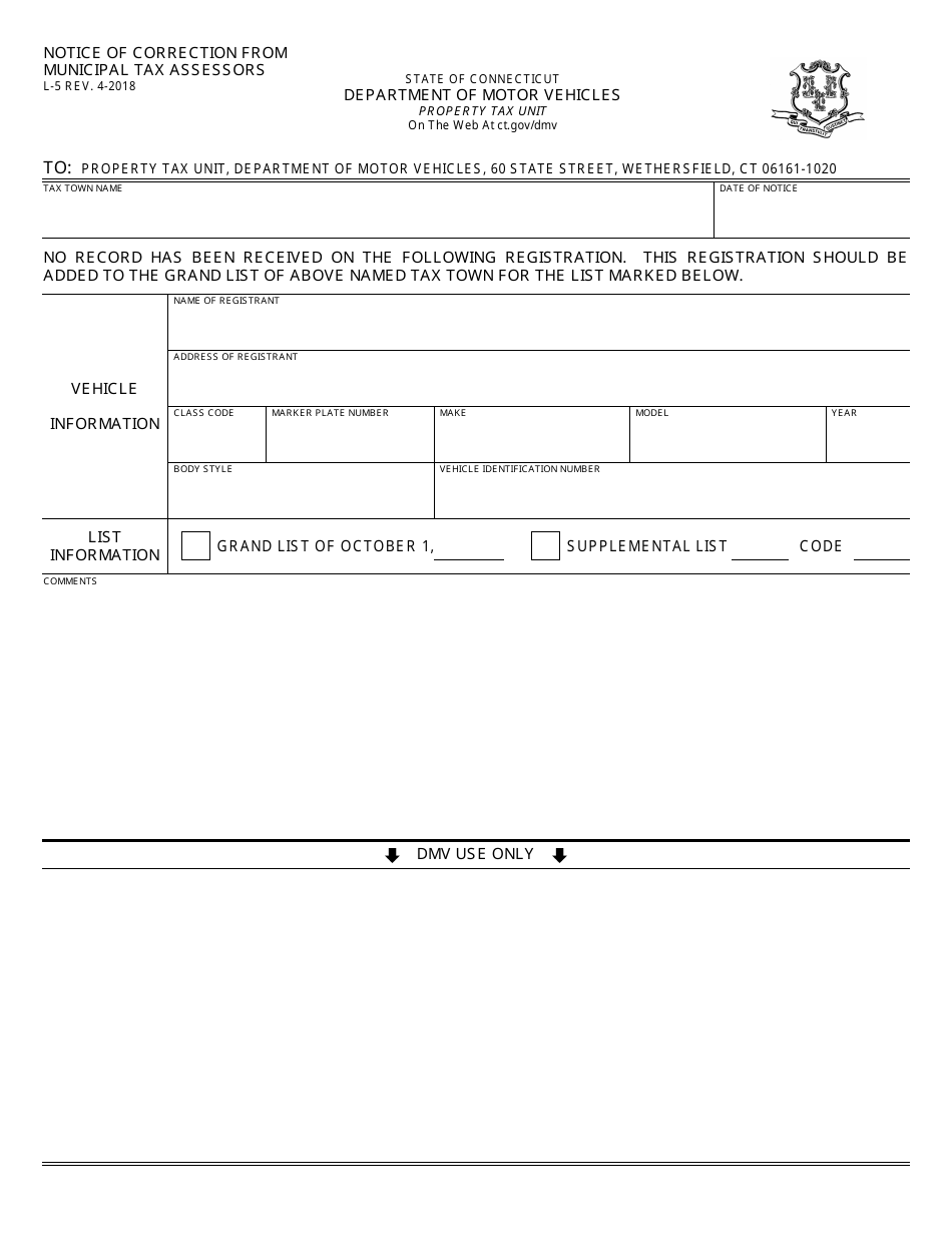 Form L-5 Notice of Correction From Municipal Tax Assessors - Connecticut, Page 1