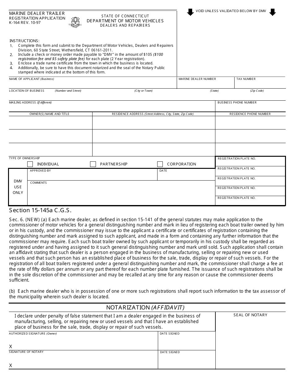 Form K-164 Marine Dealer Trailer Registration Application - Connecticut, Page 1