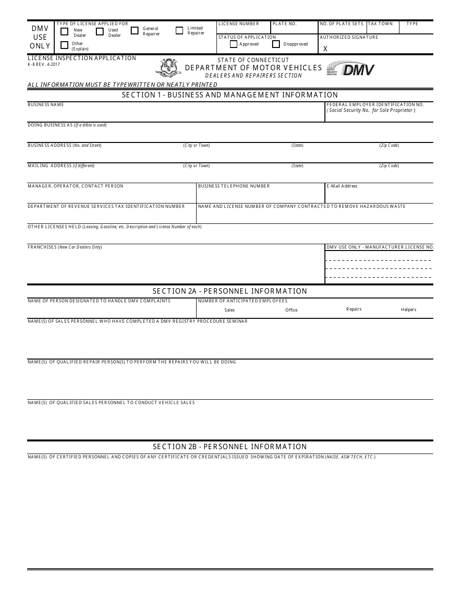 Form K-8 Dealers and Repairers License Inspection Application - Connecticut, Page 1