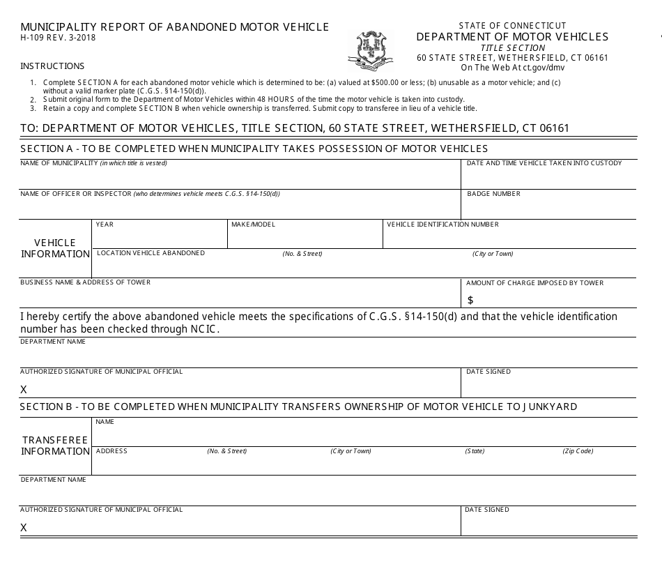 Form H-109 Municipality Report of Abandoned Motor Vehicle - Connecticut, Page 1