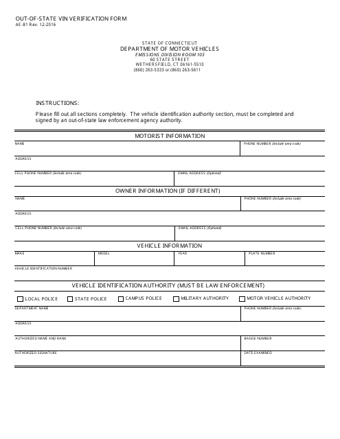 Form AE 81 Download Fillable PDF Or Fill Online Out of State Vin 