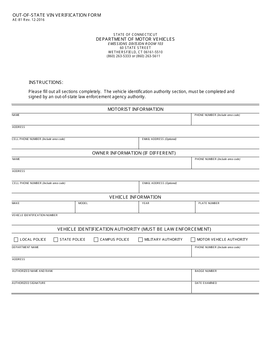 Form AE-81 Out-of-State Vin Verification Form - Connecticut, Page 1