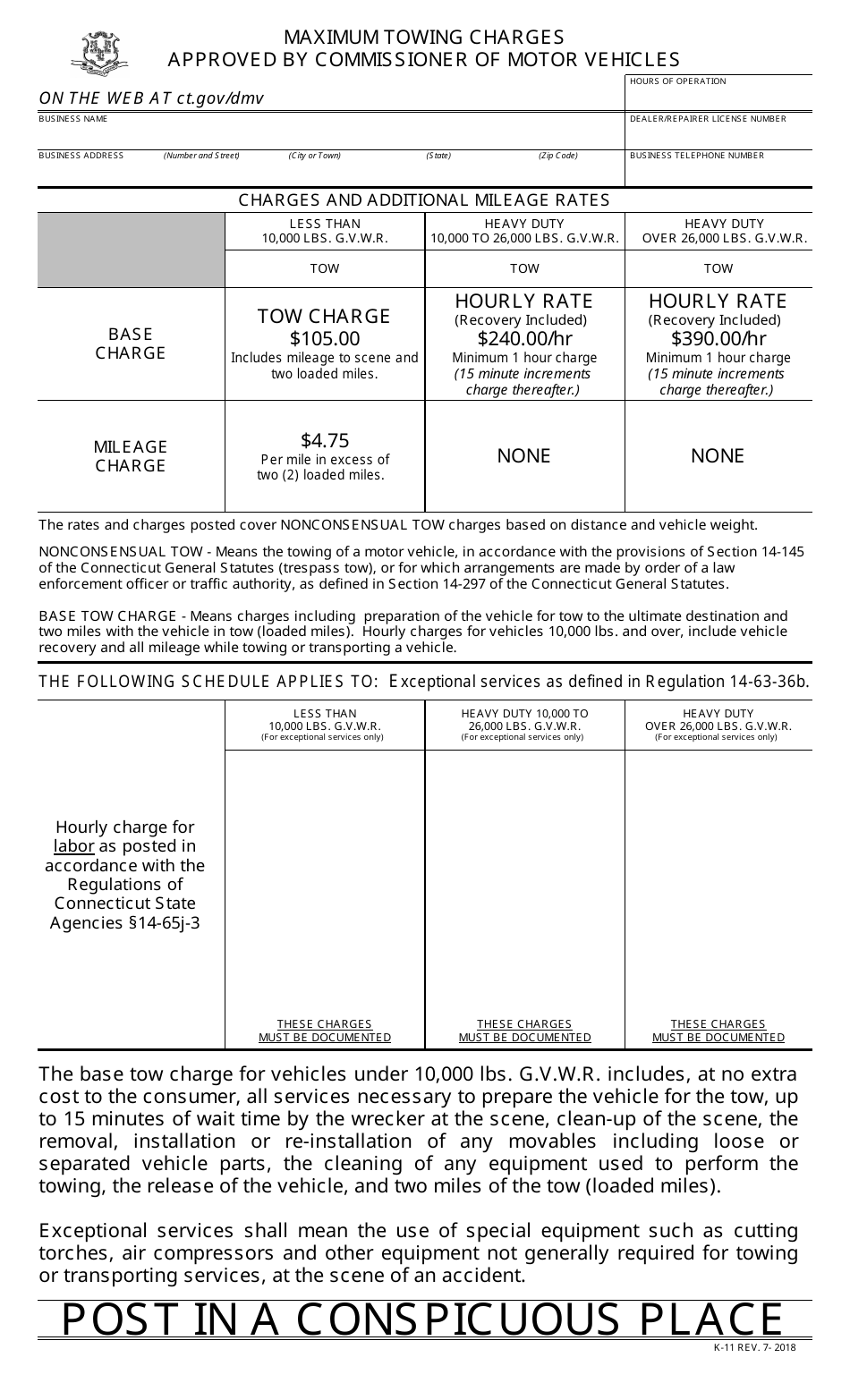 Form K-11 Rates Chart for Wrecker, Towing, Road Services - Connecticut, Page 1