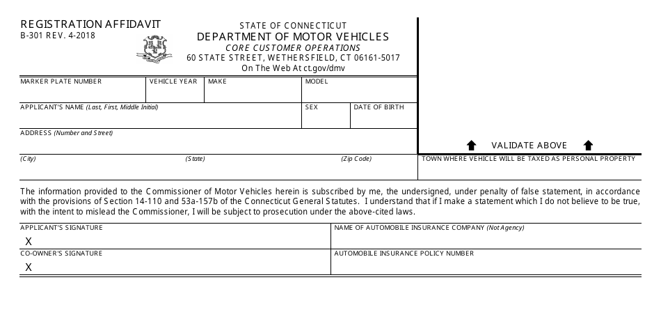 Form B-301 Registration Affidavit - Connecticut, Page 1