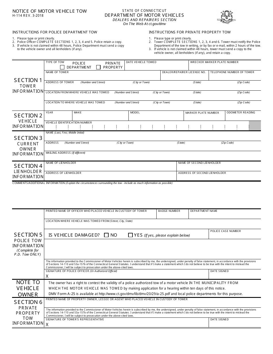Form H-114 Notice of Motor Vehicle Tow - Connecticut, Page 1