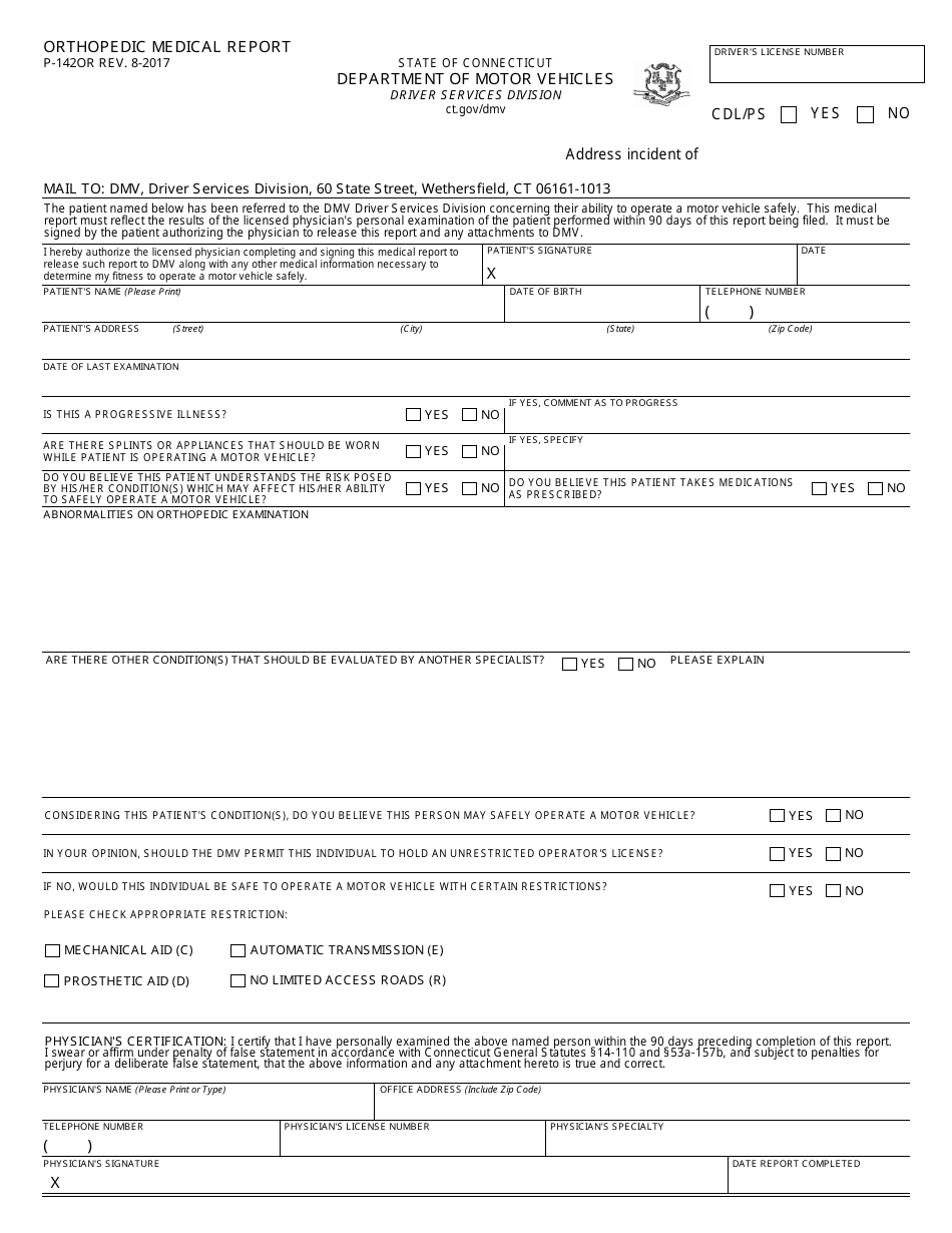 Form P-142OR Orthopedic Medical Report - Connecticut, Page 1