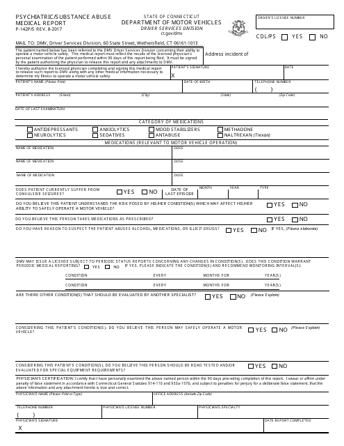 Form P-142P/S Psychiatric/Substance Abuse Medical Report - Connecticut