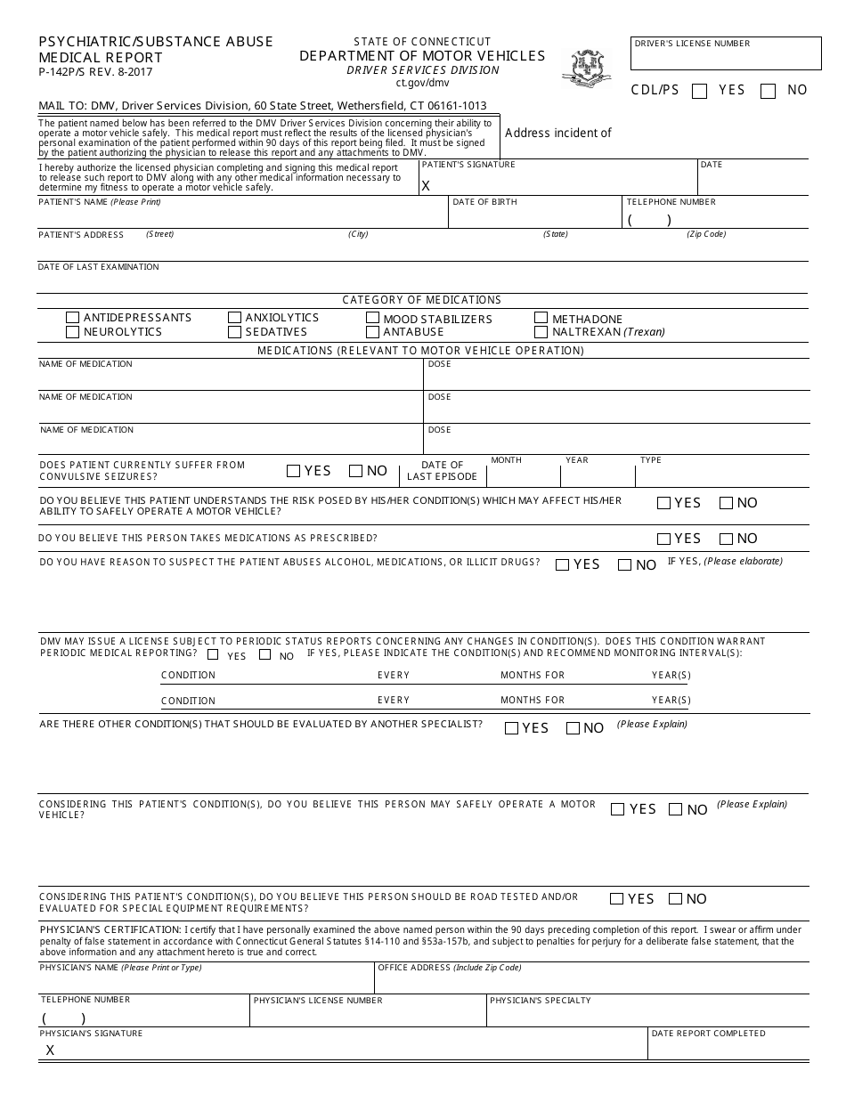 Form P-142P / S Psychiatric / Substance Abuse Medical Report - Connecticut, Page 1