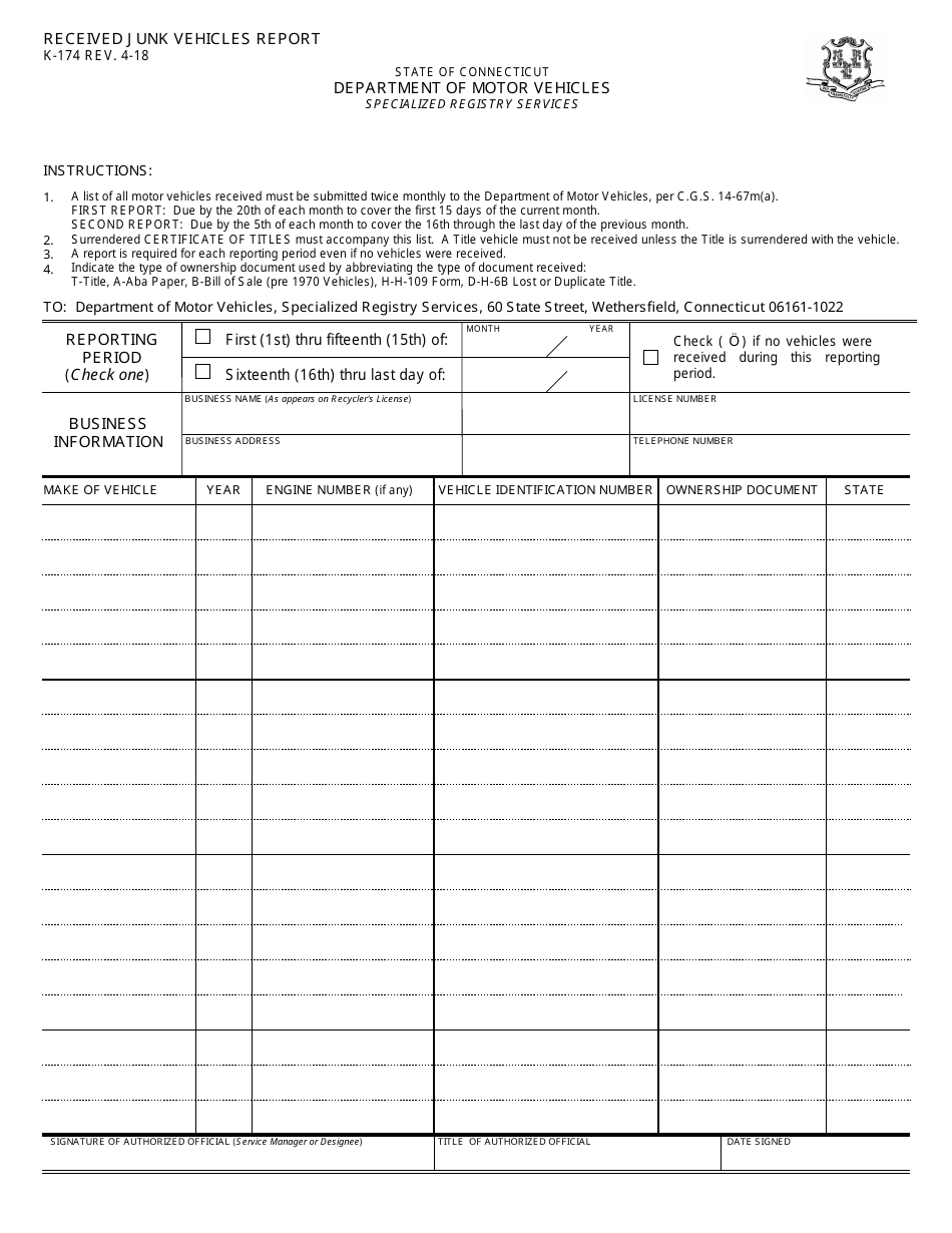 Form K-174 Received Junk Vehicles Report - Connecticut, Page 1