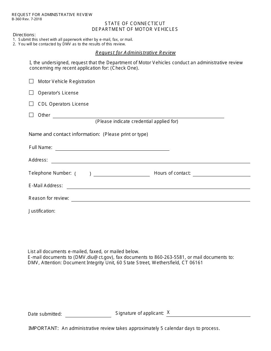 Form B-360 Request for Administrative Review - Connecticut, Page 1