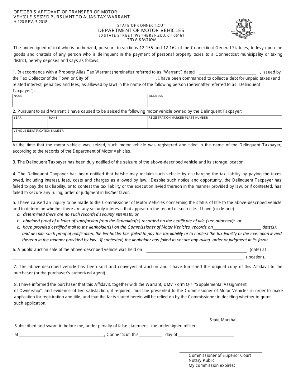 Form H-120 Officer's Affidavit of Transfer of Motor Vehicle Seized Pursuant to Alias Tax Warrant - Connecticut, Page 1