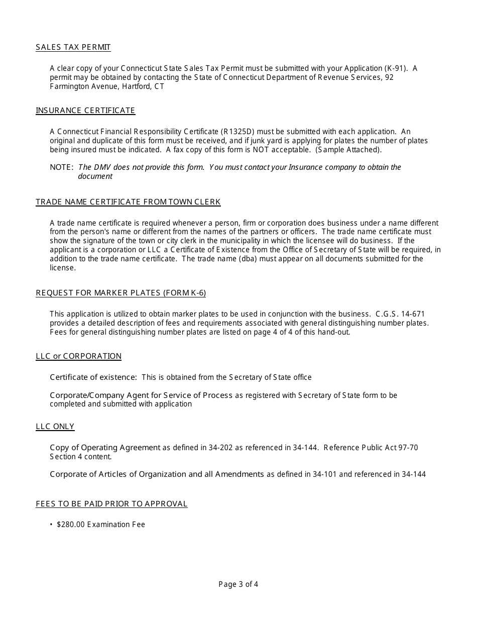 Instructions for Form K-91 Application for Connecticut Motor Vehicle Junkyard License - Connecticut, Page 3