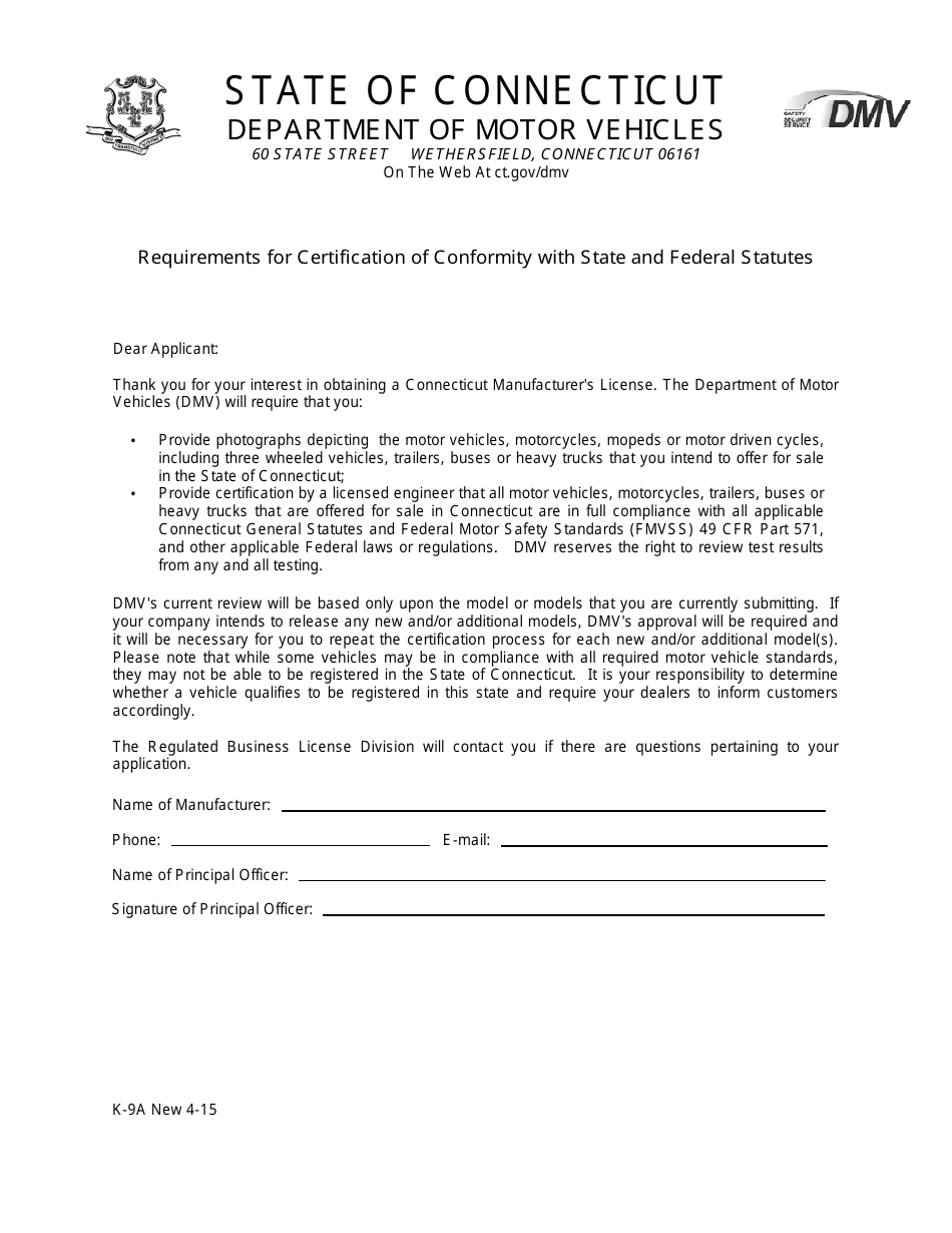 Form K-9A Requirements for Certification of Conformity With State and Federal Statutes - Connecticut, Page 1