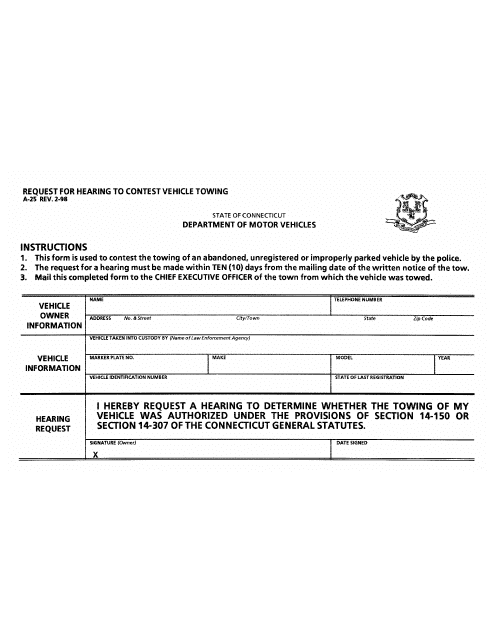 Form A-25 Request for Hearing to Contest Vehicle Towing - Connecticut
