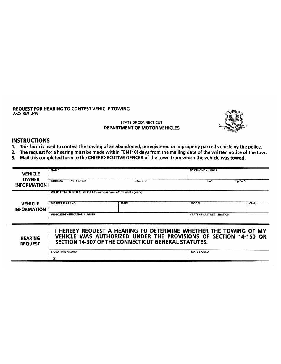 Form A-25 Request for Hearing to Contest Vehicle Towing - Connecticut, Page 1