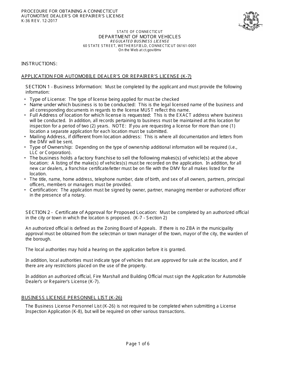 Instructions for Form K-7 Application for Automobile Dealers or Repairers License - Connecticut, Page 1