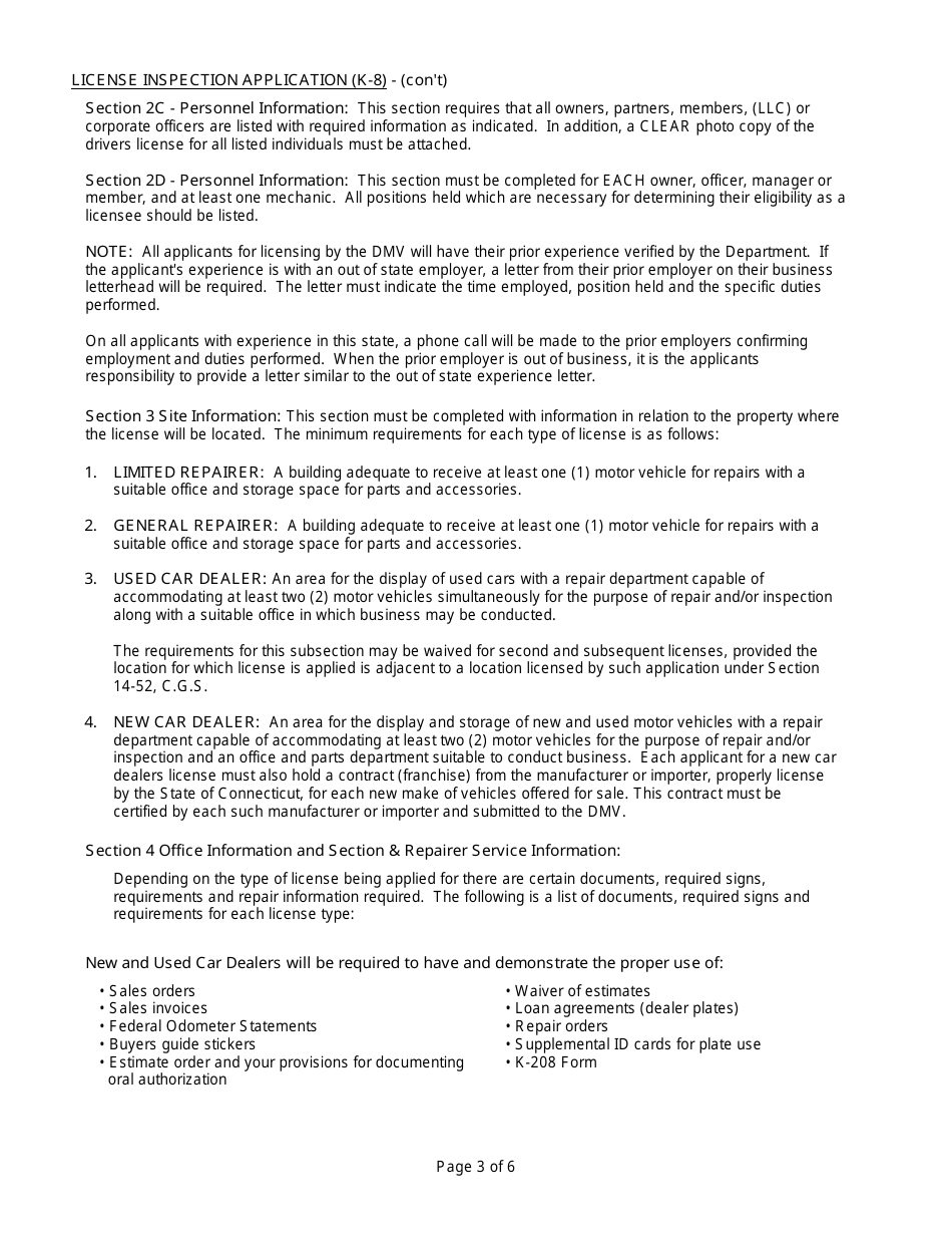 Instructions for Form K-7 Application for Automobile Dealers or Repairers License - Connecticut, Page 3