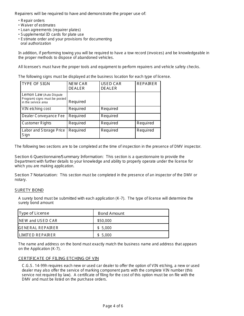 Instructions for Form K-7 Application for Automobile Dealers or Repairers License - Connecticut, Page 4