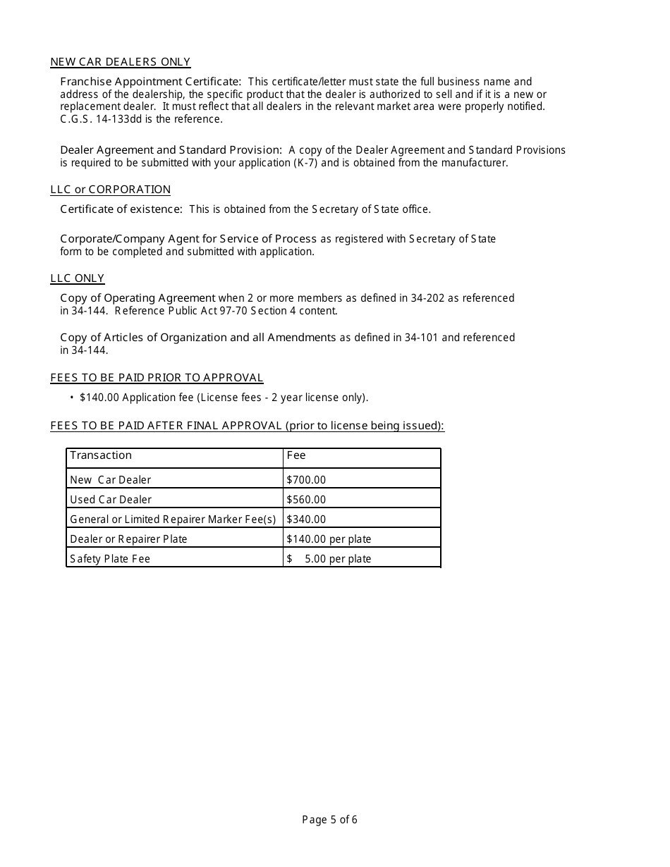 Instructions for Form K-7 Application for Automobile Dealers or Repairers License - Connecticut, Page 5