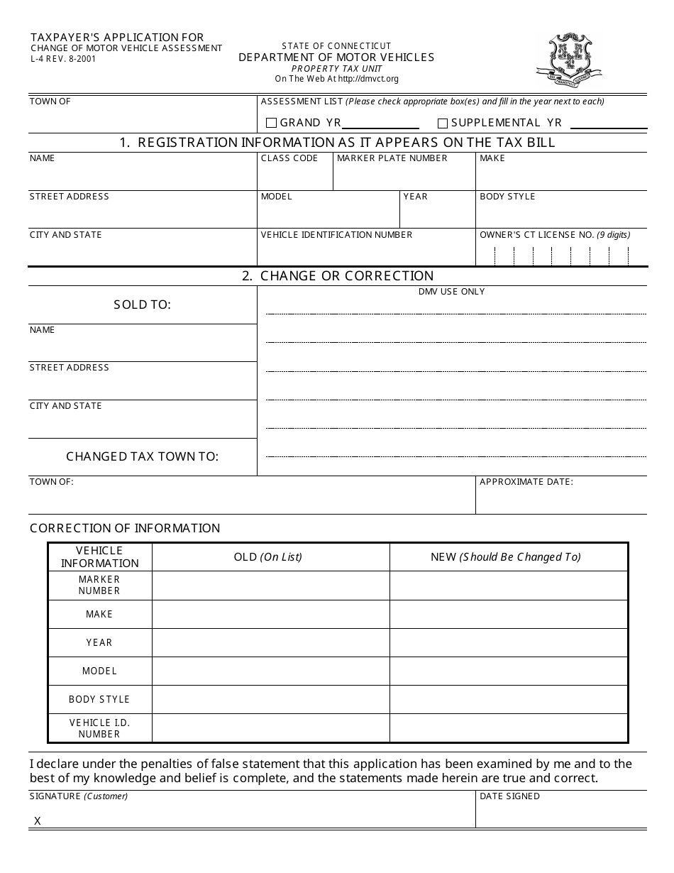 Form L-4 Taxpayers Application for Change of Motor Vehicle Assessment - Connecticut, Page 1