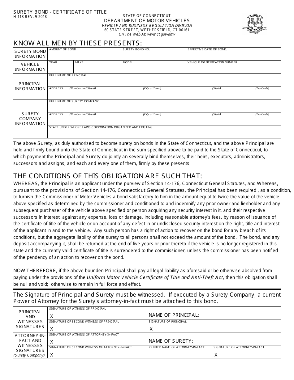 Form H-113 Surety Bond - Certificate of Title - Connecticut, Page 1