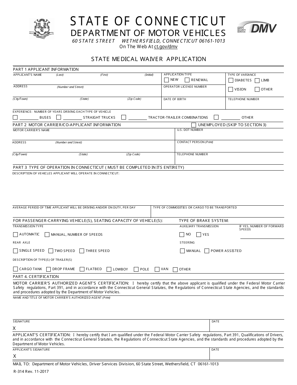Form R-314 State Medical Waiver Application - Connecticut, Page 1