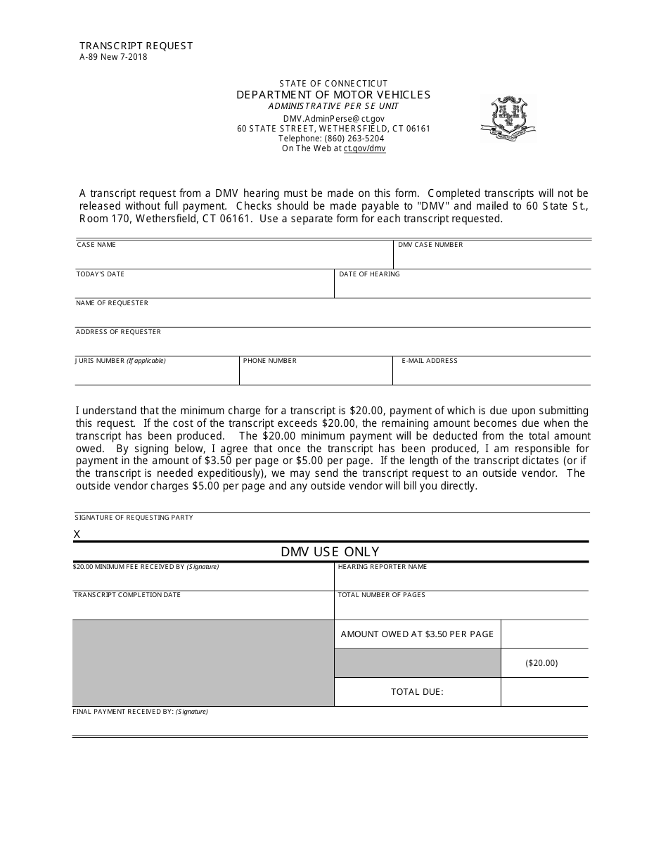 Form A-89 Transcript Request - Connecticut, Page 1
