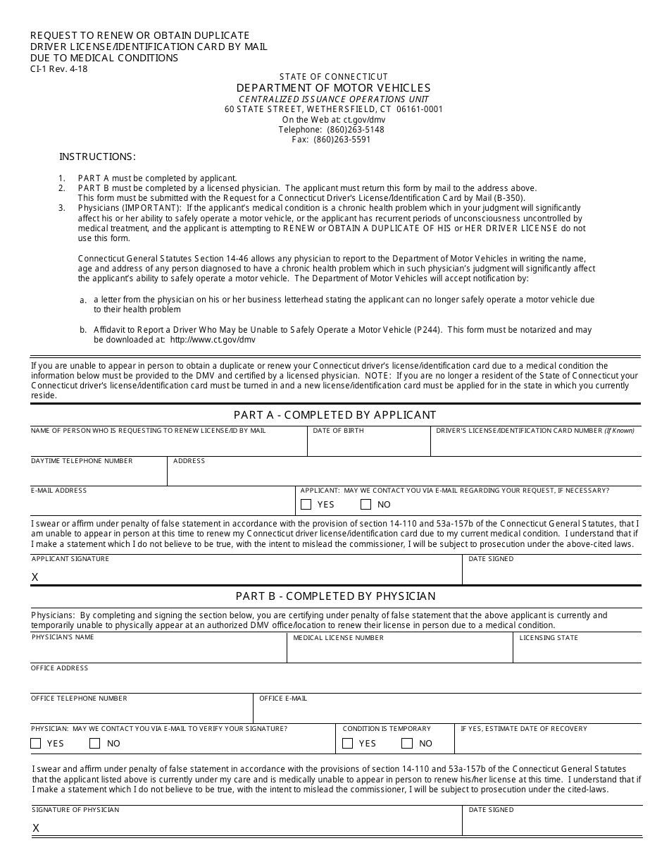Form CI-1 Request to Renew or Obtain Duplicate Driver License / Identification Card by Mail Due to Medical Conditions - Connecticut, Page 1