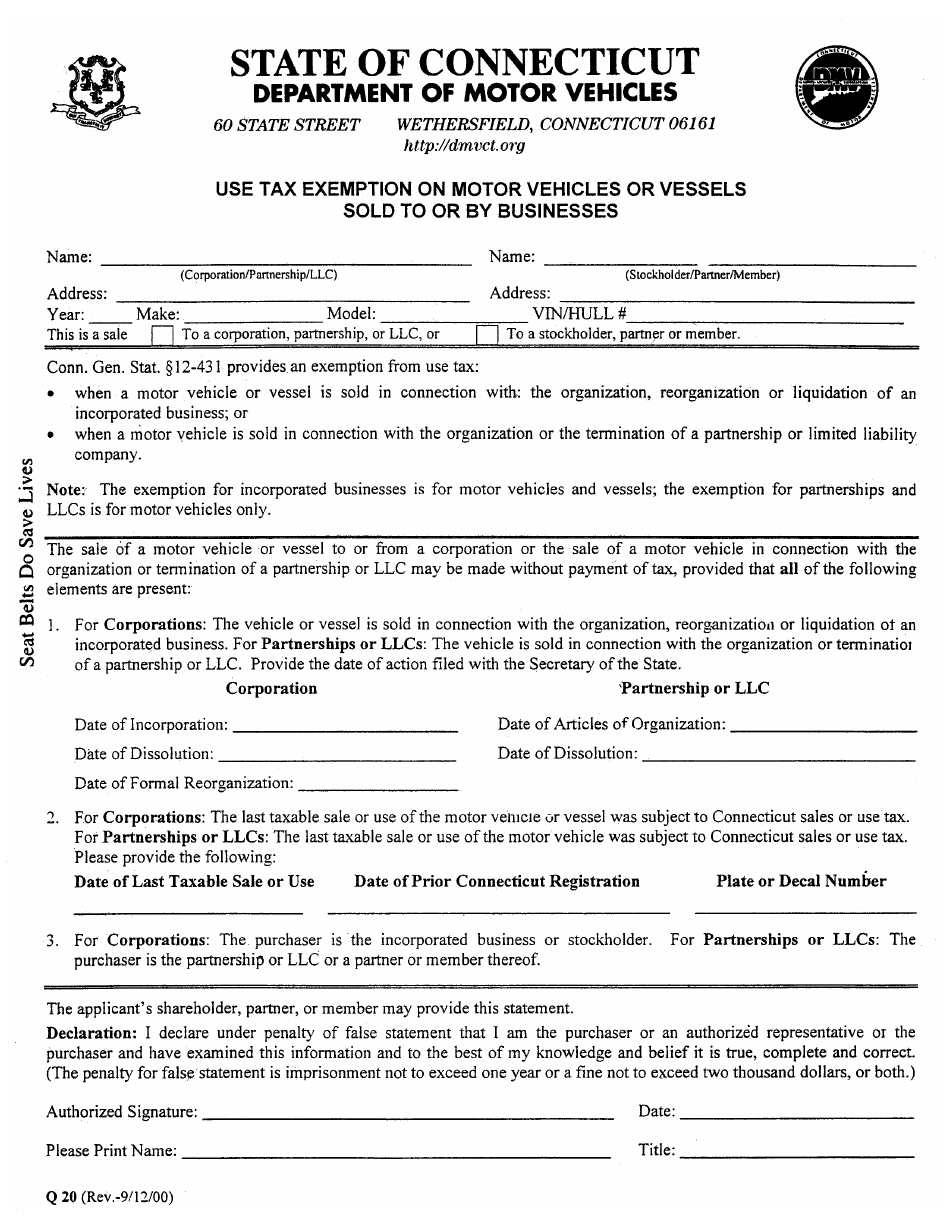 Form Q-20 Use Tax Exemption on Motor Vehicles or Vessels Sold to or by Businesses - Connecticut, Page 1