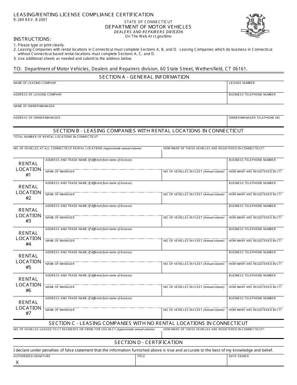 Form R-289 Leasing / Renting License Compliance Certification - Connecticut, Page 1