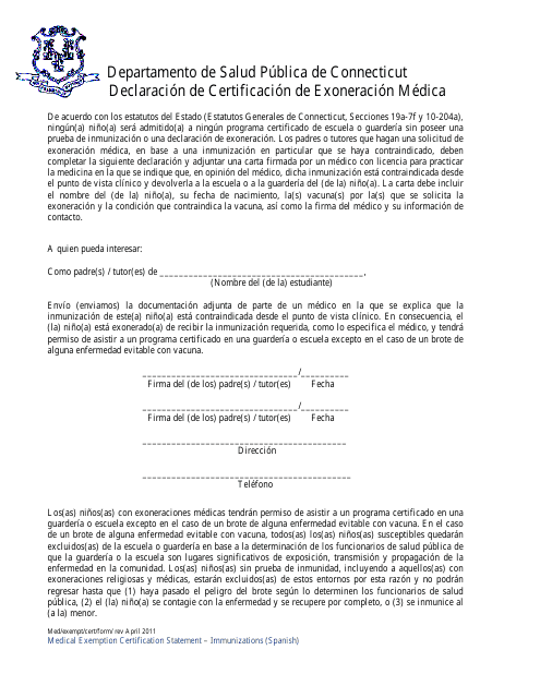 Declaracion De Certificacion De Exoneracion Medica - Connecticut (Spanish) Download Pdf