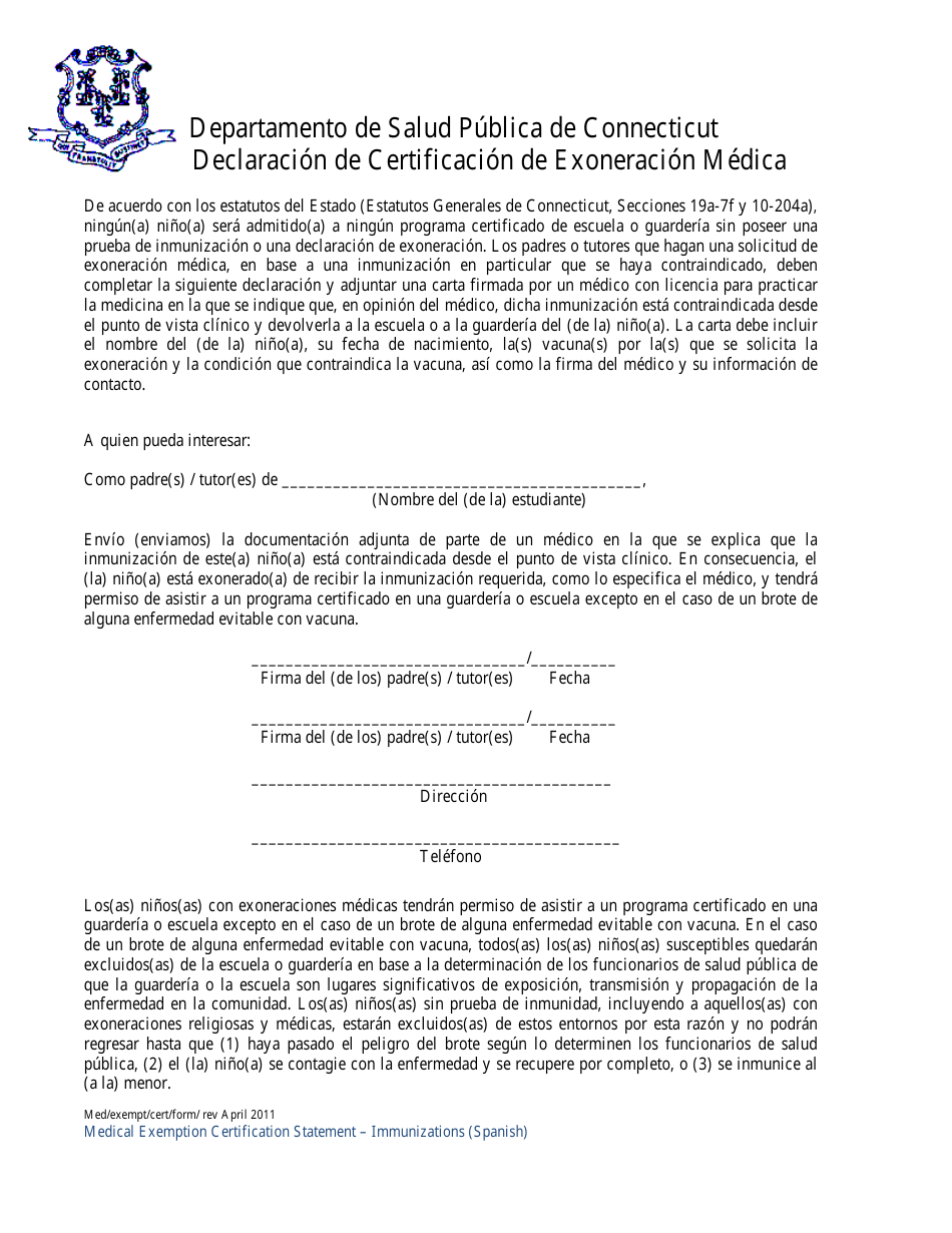Declaracion De Certificacion De Exoneracion Medica - Connecticut (Spanish), Page 1