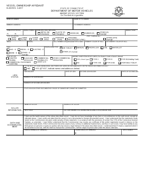 Form B-203 Vessel Ownership Affidavit - Connecticut