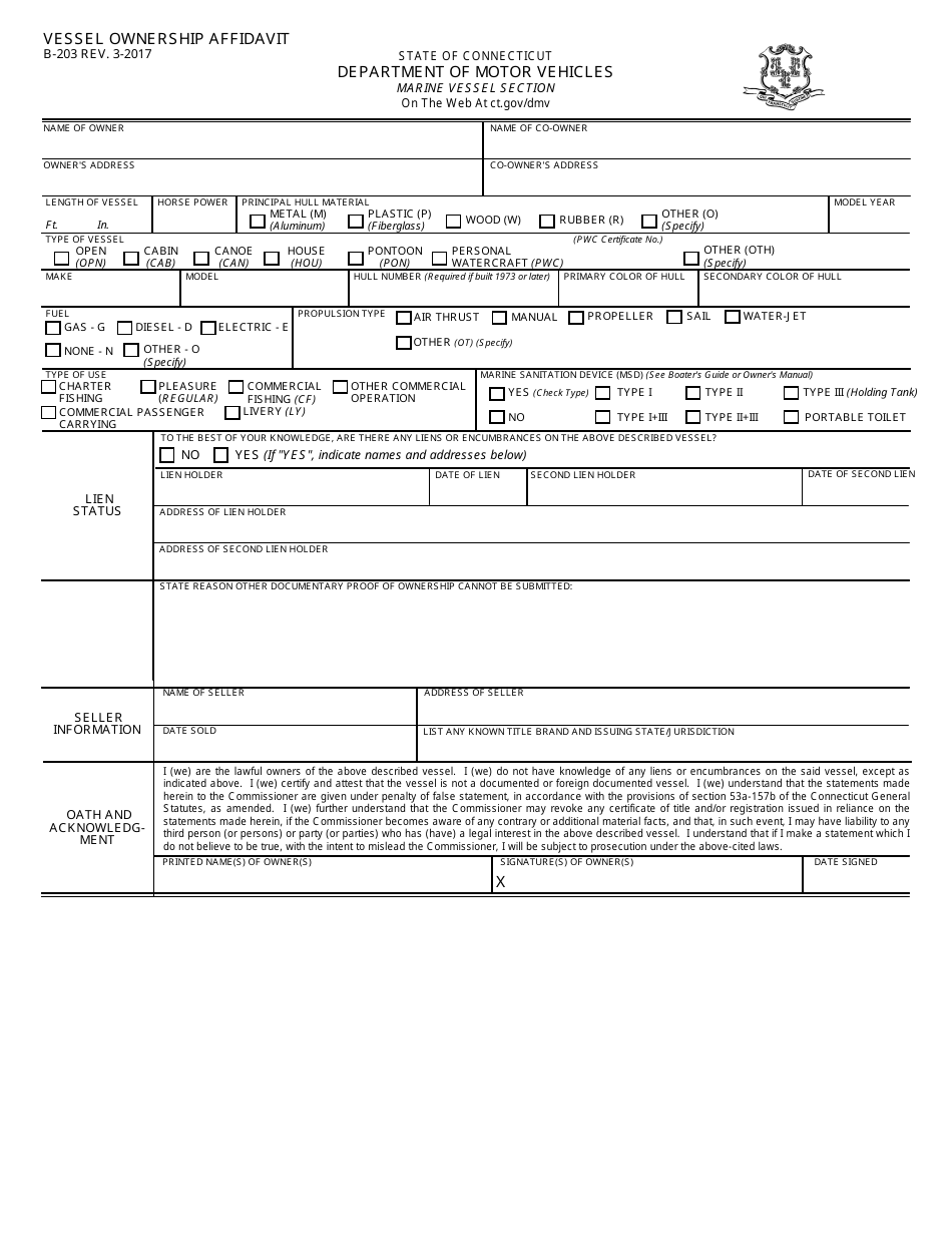 Form B-203 Vessel Ownership Affidavit - Connecticut, Page 1