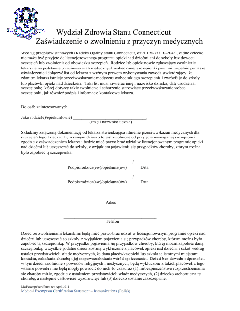 Medical Exemption Certification Statement - Connecticut (Polish) Download Pdf