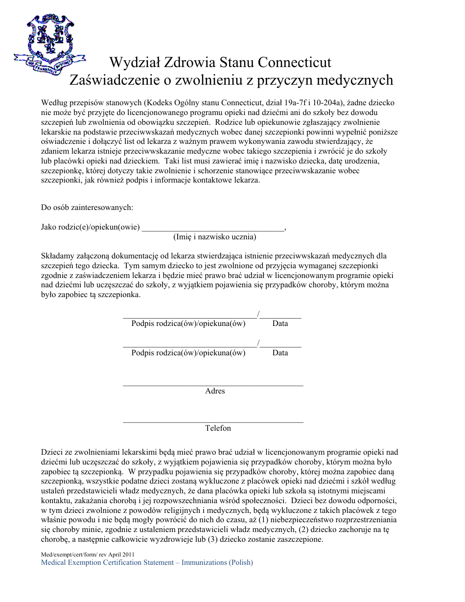 Medical Exemption Certification Statement - Connecticut (Polish), Page 1