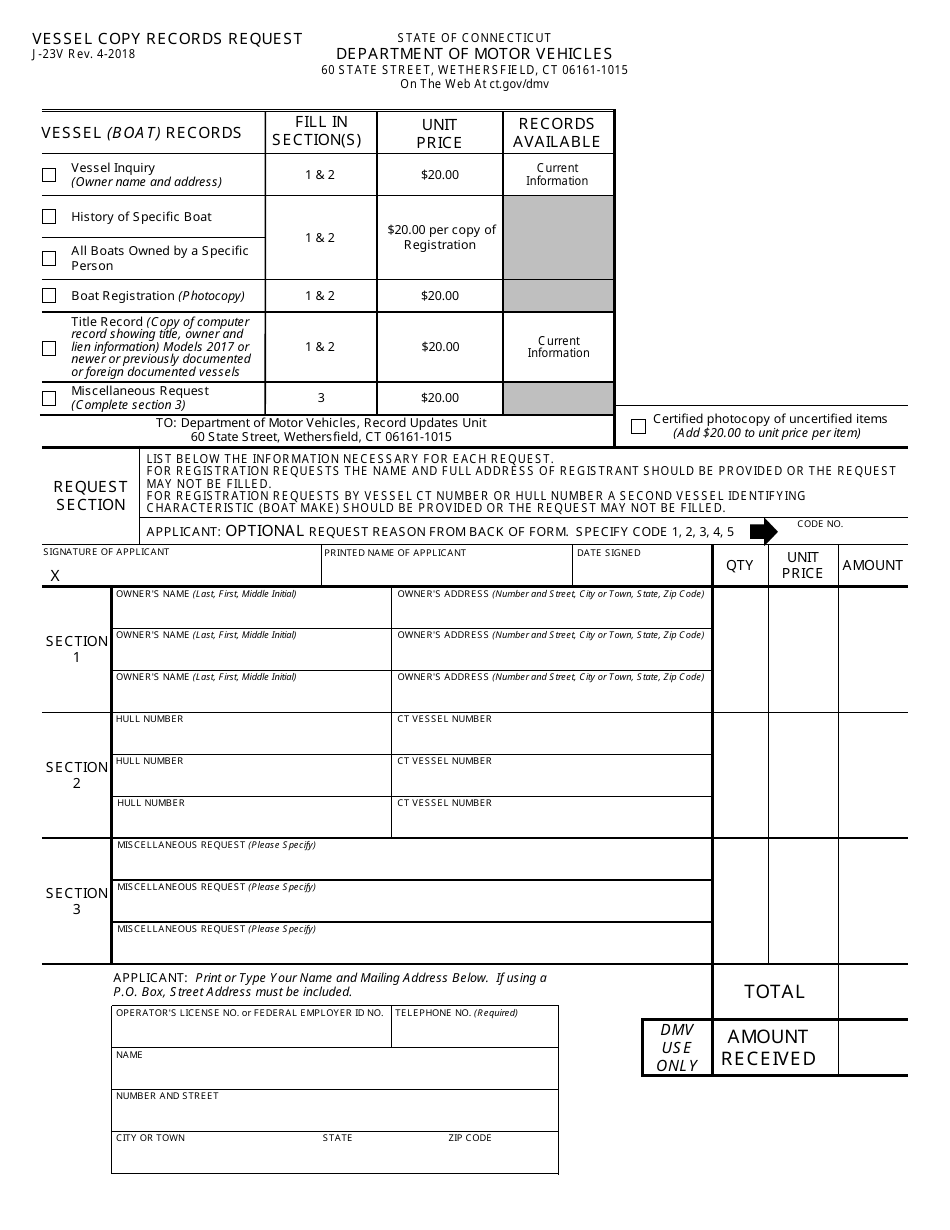 Form J-23V Vessel Copy Records Request - Connecticut, Page 1
