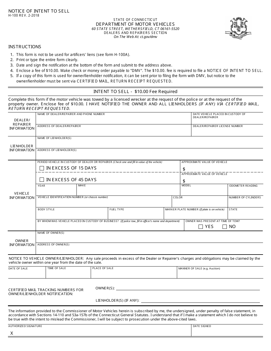 Form H-100 Notice of Intent to Sell - Connecticut, Page 1