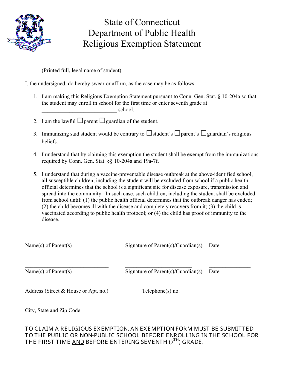 Religious Exemption Statement Form - Connecticut, Page 1