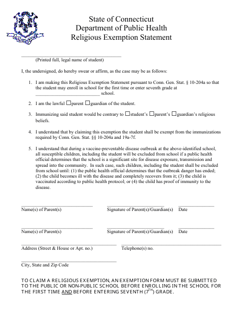 Religious Exemption Statement Form - Connecticut Download Pdf