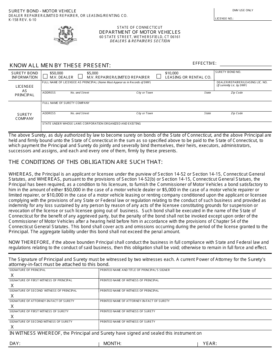 Form K-158 Surety Bond - Motor Vehicle - Dealer Repairer / Limited Repairer, or Leasing / Renting Co. - Connecticut, Page 1