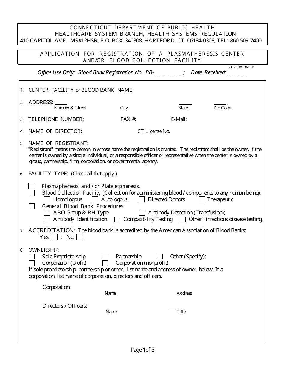 Application for Registration of a Plasmapheresis Center and/or Blood Collection Facility - Connecticut, Page 1