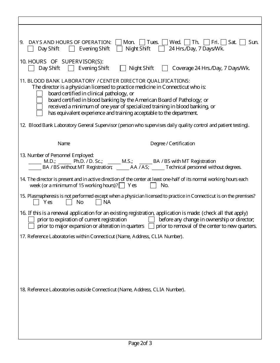 Application for Registration of a Plasmapheresis Center and / or Blood Collection Facility - Connecticut, Page 2