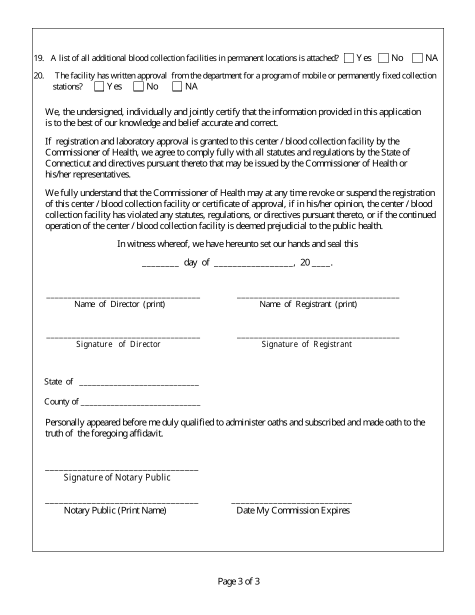 Application for Registration of a Plasmapheresis Center and / or Blood Collection Facility - Connecticut, Page 3