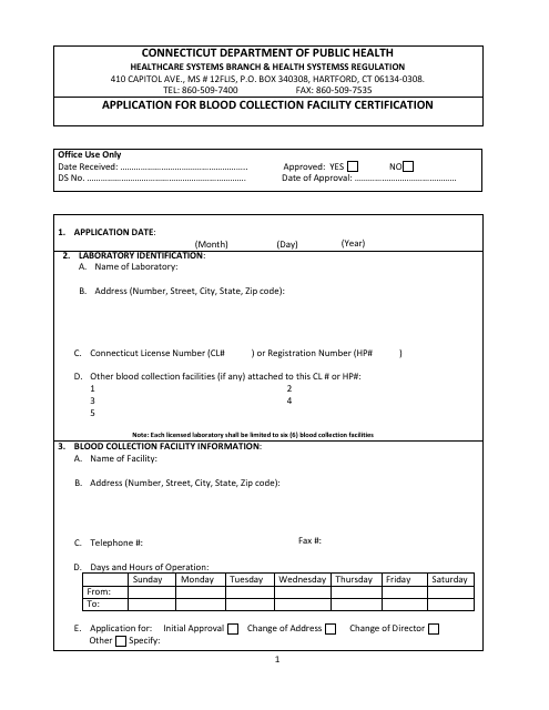 Application for Blood Collection Facility Certification - Connecticut Download Pdf